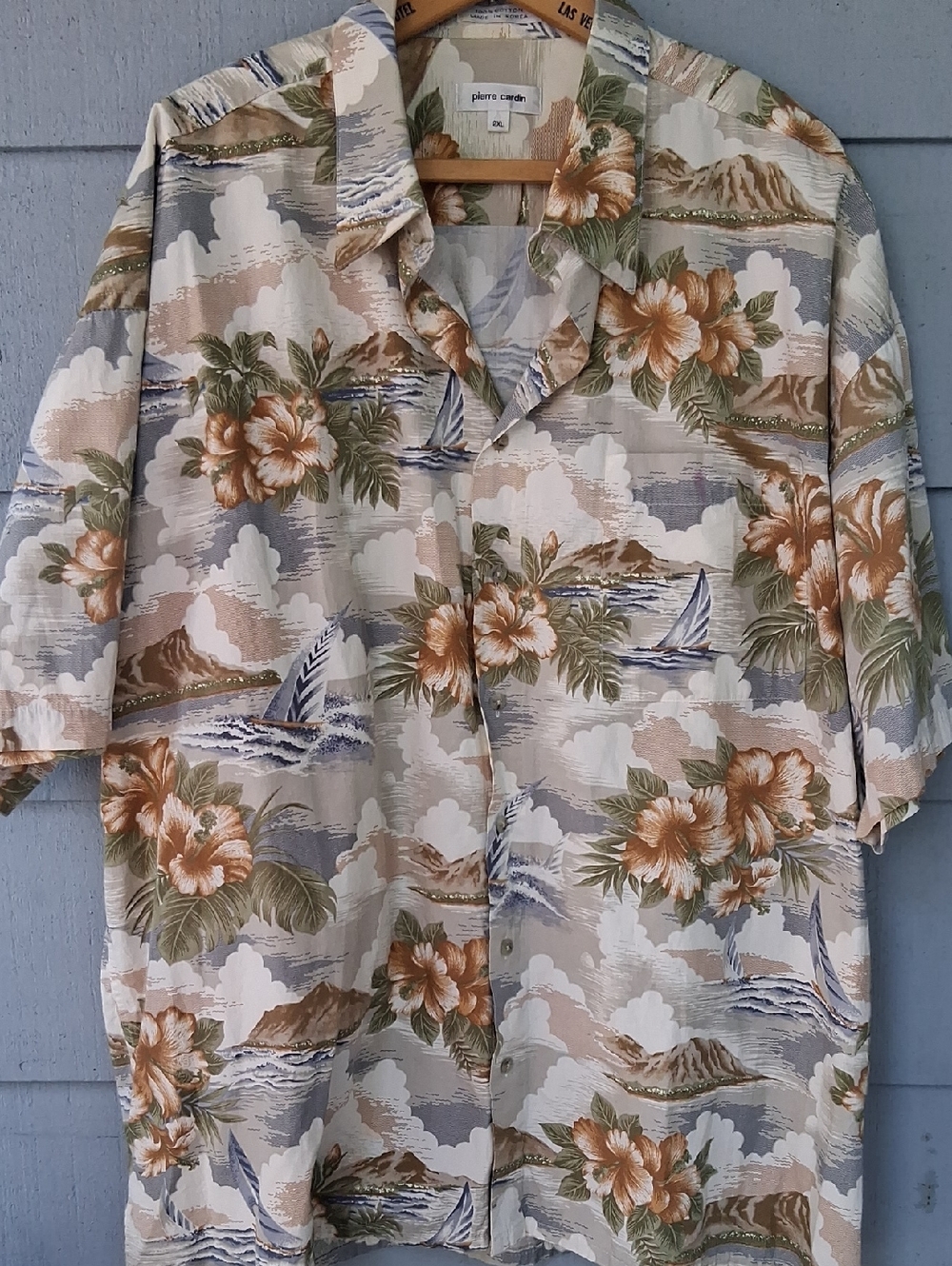 Pierre Cardin Beige, Blue & Green Tropical Camp Shirt